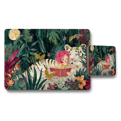 Benjamin Tate Design Pink Haired Girl Reading Jungle Tiger Placemat And Coaster Set from B&Q