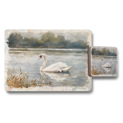 Benjamin Tate Design Swan Lake Watercolor Placemat And Coaster Set For Dining from B&Q