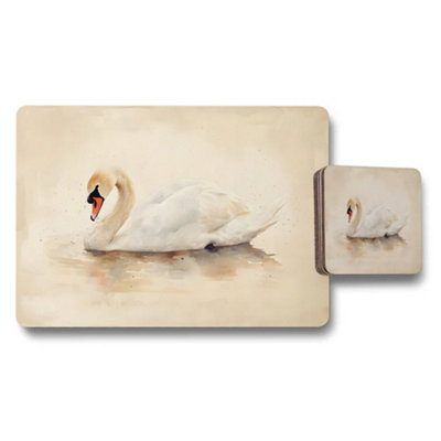 B&Q -  Swan Themed Placemat And Coaster Set With Beige Watercolor