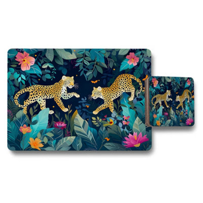 Benjamin Tate Design Jungle Leopard Placemat And Coaster Set With Colorful Tropical Plants from B&Q