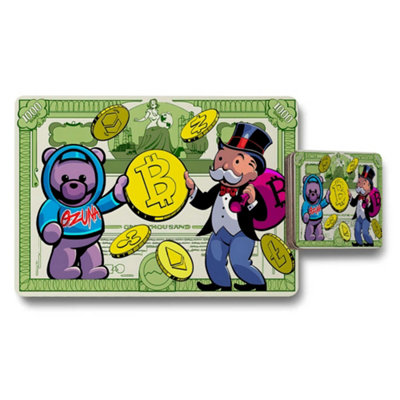 B&Q -  Placemat And Coaster Set With Cartoon Money And Bitcoin Design