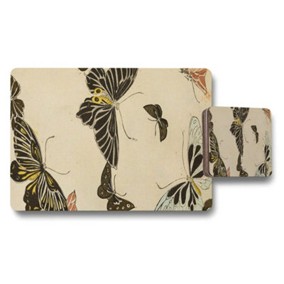 B&Q -  Butterfly Placemats And Coaster Set Beige Vintage Botanical