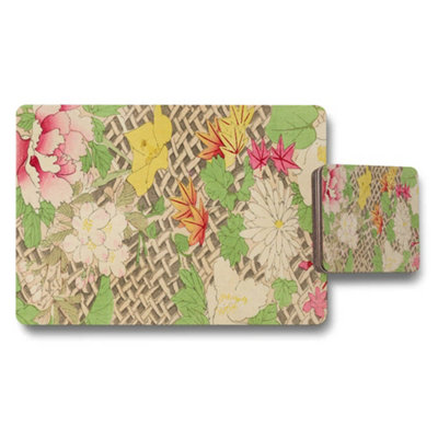 B&Q -  Floral Placemats And Coaster Set With Vintage Woven Pattern