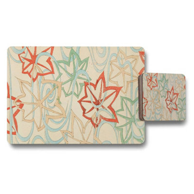 B&Q -  Abstract Floral Placemat And Coaster Set With Multicolor Leaves