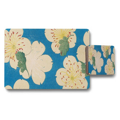 B&Q -  Blue Floral Hibiscus Placemats And Coaster Set For Dining Tables