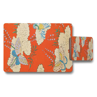 B&Q -  Orange Butterfly Placemat And Coaster Set With Floral Design
