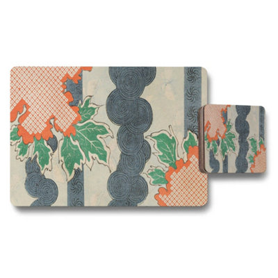 B&Q -  Vintage Floral Placemat And Coaster Set In Blue Orange Pattern
