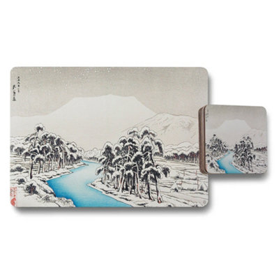 B&Q -  Placemat And Coaster Set With Japanese Landscape River Mountain Art