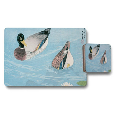 B&Q -  Ducks Placemats And Coasters Set With Blue Water Artwork