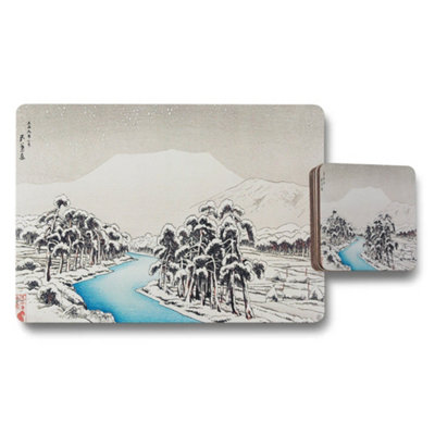 B&Q -  Japanese Landscape Placemat And Coaster Set With Mountain River Scene