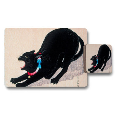 B&Q -  Black Cat Coaster And Placemat Set With Japanese Artwork