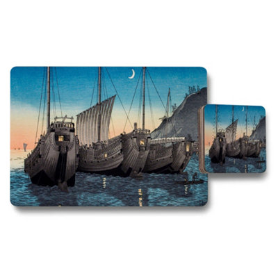 B&Q -  Maritime Ship Scene Placemat And Coaster Set With Moonlit Harbor Artwork