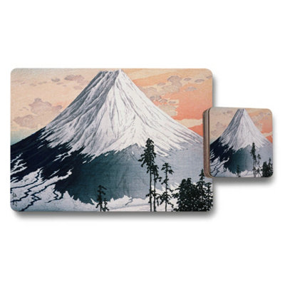 Benjamin Tate Design Mountain Landscape Placemats And Coaster Set With Snowy Peak Illustration