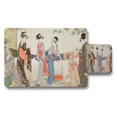 B&Q -  Ukiyoe Japanese Art Placemat And Coaster Set With Kimono Ladies