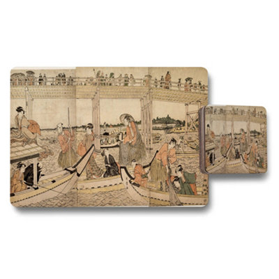 B&Q -  Vintage River Scene Placemat And Coaster Set With Ukiyoe Print