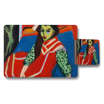 B&Q -  Colorful Abstract Woman In Red Placemat And Coaster Set Artwork