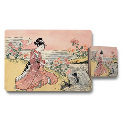 B&Q -  Ukiyoe Style Placemat And Coaster Set Japanese Floral Scene
