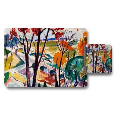Benjamin Tate Design Colorful Abstract Landscape Placemat And Coaster Set With Trees from B&Q