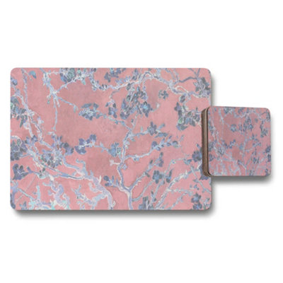 Benjamin Tate Design Pink Floral Placemat And Coaster Set With Blue Branch Design from B&Q