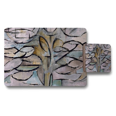 B&Q -  Abstract Leaf Motif Placemats And Coaster Set In Muted Tones