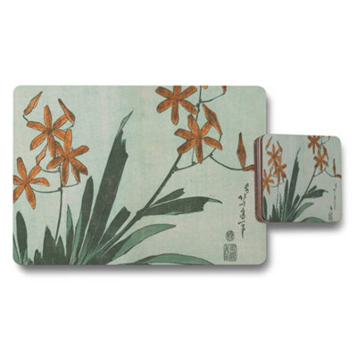 B&Q -  Floral Botanical Placemats And Coaster Set Orange Flower Design