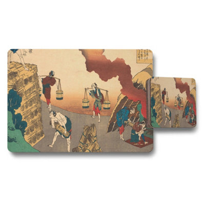 B&Q -  Traditional Japanese Woodblock Placemats And Coaster Set With Artwork