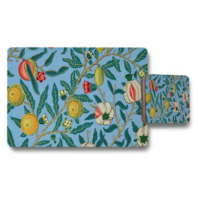 Benjamin Tate Design Blue Botanical Fruit Pattern Placemat Coaster Set With Pomegranate Motif from B&Q