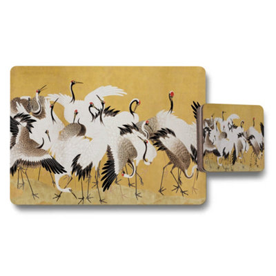 B&Q -  Crane Placemats And Coaster Set With Gold Background Artwork
