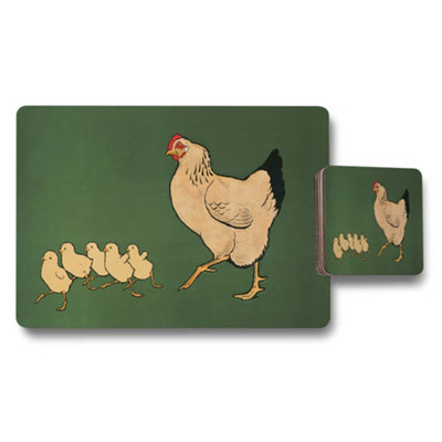 B&Q -  Placemat And Coaster Set With Hen And Chicks Illustration