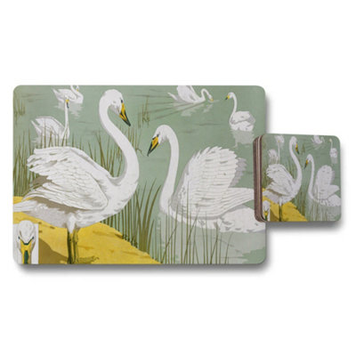 B&Q -  White Swan Placemat And Coaster Set With Swans On Green Artwork