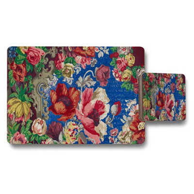 B&Q -  Floral Placemats And Coaster Set With Vintage Bouquet Pattern