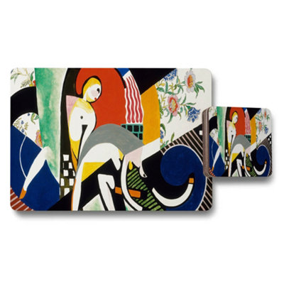 B&Q -  Abstract Art Placemat And Coaster Set Colorful Geometric Design For Dining