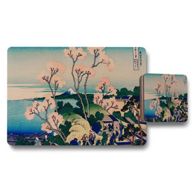 B&Q -  Ukiyoe Style Placemat And Coaster Set With Cherry Blossoms And Mount Fuji