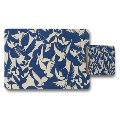 B&Q -  Blue Bird Motif Placemat And Coaster Set Beige Background