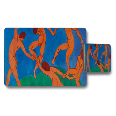 B&Q -  Placemat And Coaster Set Orange Nude Figures Art On Blue Background