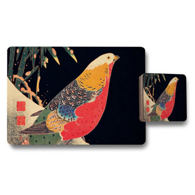 B&Q -  Japanese Style Bird Themed Placemat And Coaster Set For Dining Table Decor