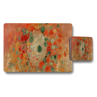 B&Q -  Abstract Floral Placemats And Coaster Set Orange Green Design