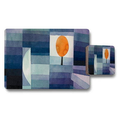 B&Q -  Abstract Geometric Placemat And Coaster Set With Orange Sun Design