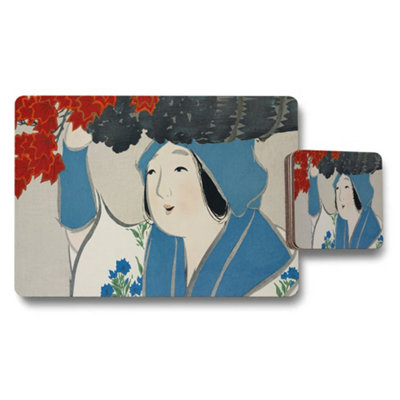 Benjamin Tate Design Geisha Art Placemat And Coaster Set With Blue Robe Floral Design from B&Q