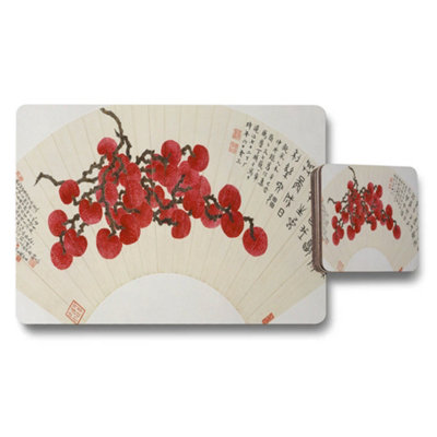 B&Q -  Placemat And Coaster Set Asian Inspired With Red Berry Fan Art
