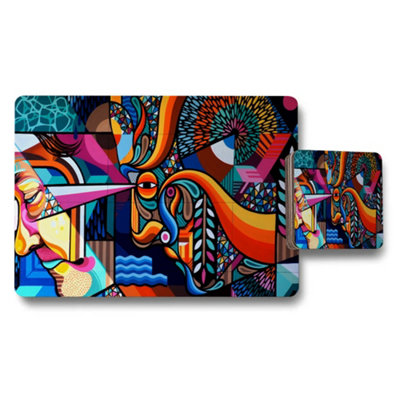 B&Q -  Colorful Abstract Art Placemat And Coaster Set With Geometric Design