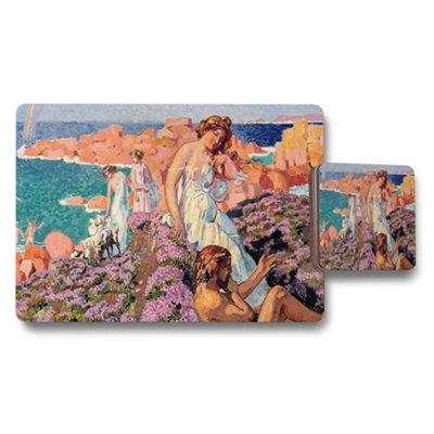 B&Q -  Placemat And Coaster Set Featuring Impressionist Seaside Garden Scene