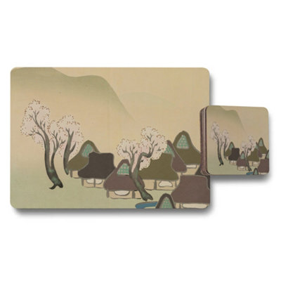 Benjamin Tate Design Village Landscape Placemat And Coaster Set With Rustic Houses Artwork from B&Q