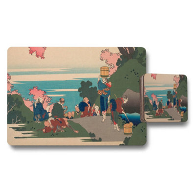 B&Q -  Japanese Ukiyoe Style Placemats And Coasters Set With Cherry Blossom Scene