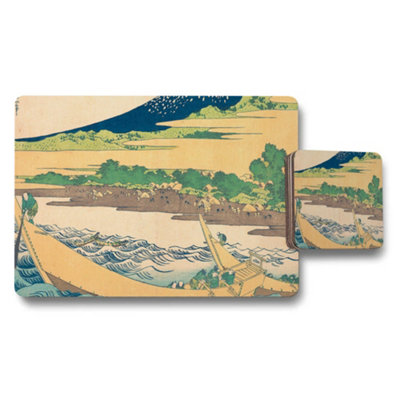 B&Q -  Vintage Japanese Ukiyo E Landscape Placemat And Coaster Set