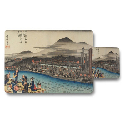 Benjamin Tate Design Traditional Ukiyoe Style Japanese River Scene Placemats And Coaster Set from B&Q