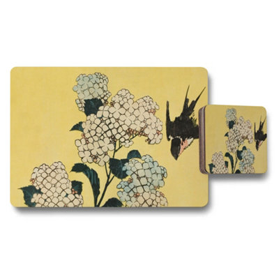 B&Q -  Hydrangea Floral Placemat And Coaster Set Yellow Background