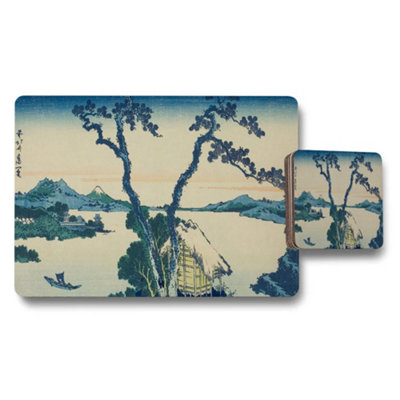 Benjamin Tate Design Blue Ukiyoe Landscape Placemat And Coaster Set With River View from B&Q