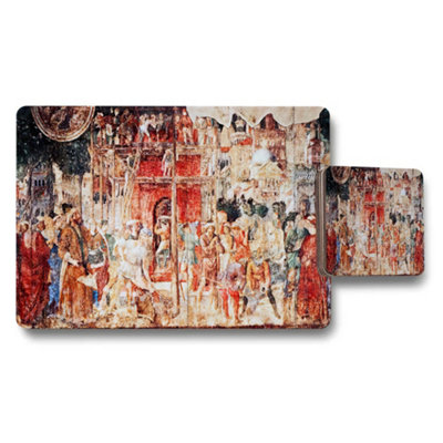 B&Q -  Vintage Market Scene Placemat And Coaster Set For Dining Table Decor