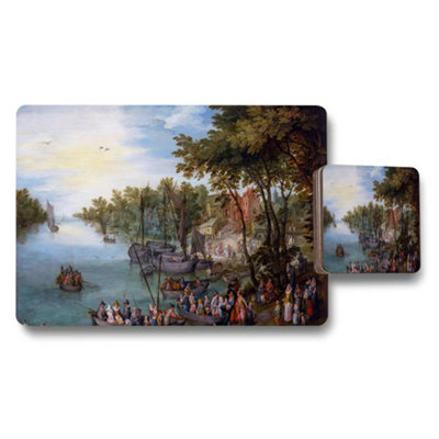 Benjamin Tate Design River Landscape Placemats And Coaster Set With Boats Scene from B&Q
